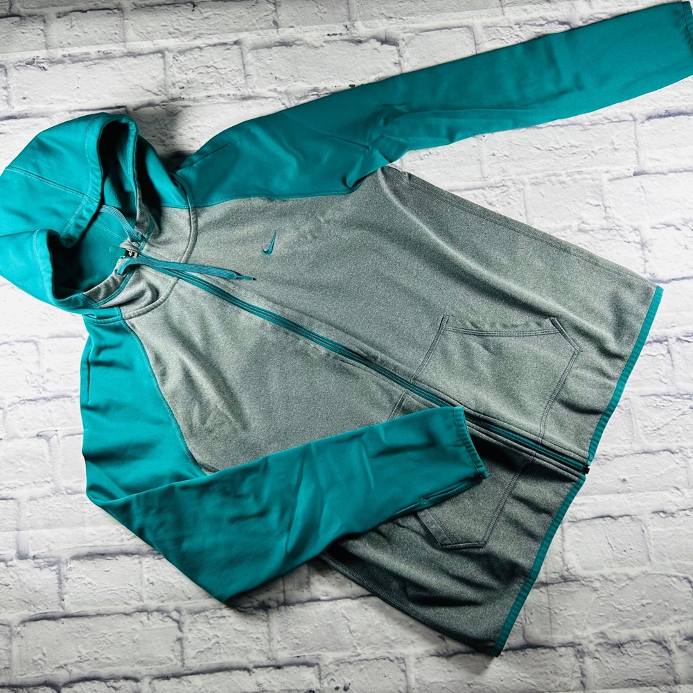 Nike Womens Therma-FIT Full Zip Hoodie Grey Teal Thumb Holes Medium